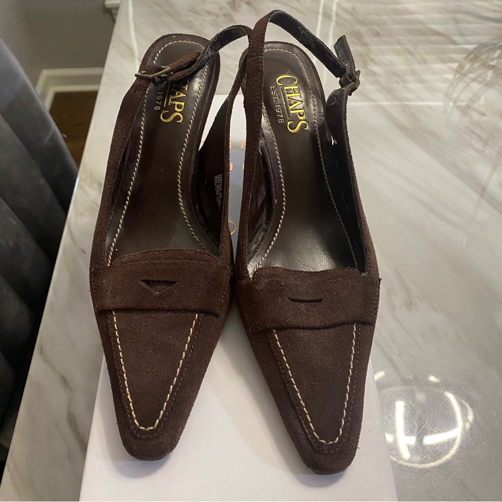 Chaps Brown Suede Heels, size 6